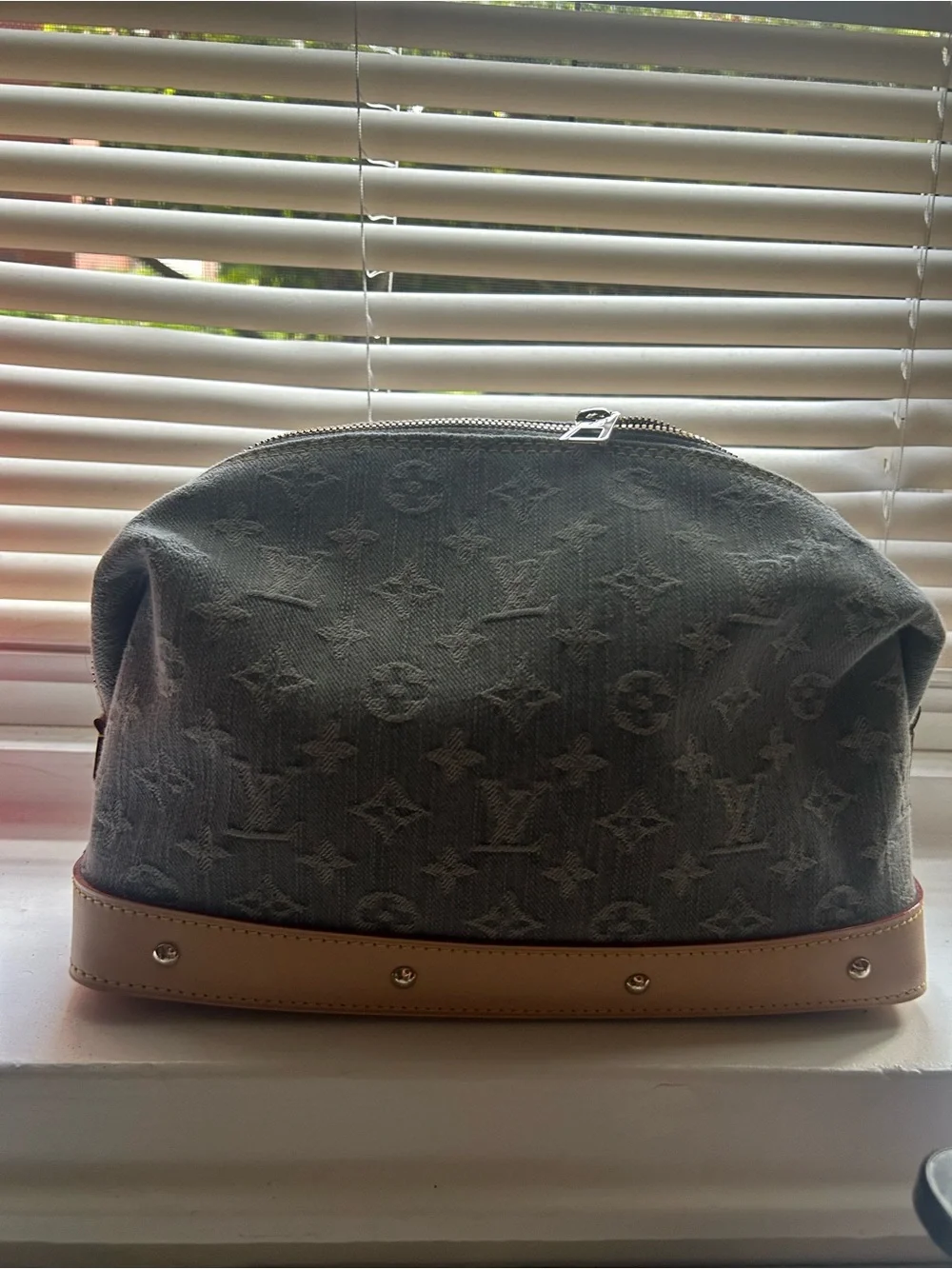 Louis Vuitton Gray Wash Denim Monogram Cosmetic Pouch w/ Natural Leather Trim GM
